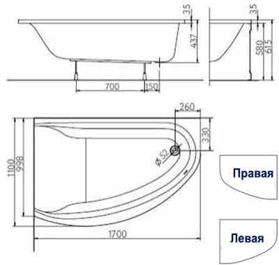 ванна акриловая угловая Kolo Mirra 170х110 см