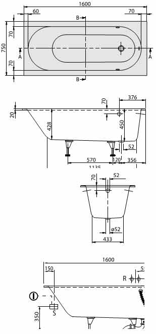 ванна 160 см Oberon BQ160OBE2V Villeroy Boch