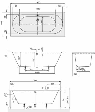 ванна акриловая NOVO BA180CAS2V 180 см